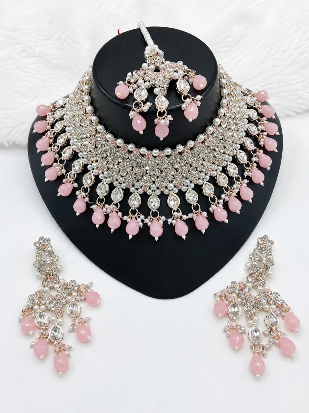 Pink Crystal and Silver Bridal Necklace Set - Women Jewelry